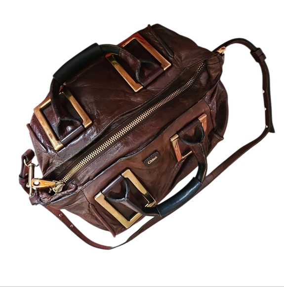 Chloé LARGE Vintage Ethel Brown Leather Handbag, Gold Accents, Crossbody Strap - Picture 5 of 15